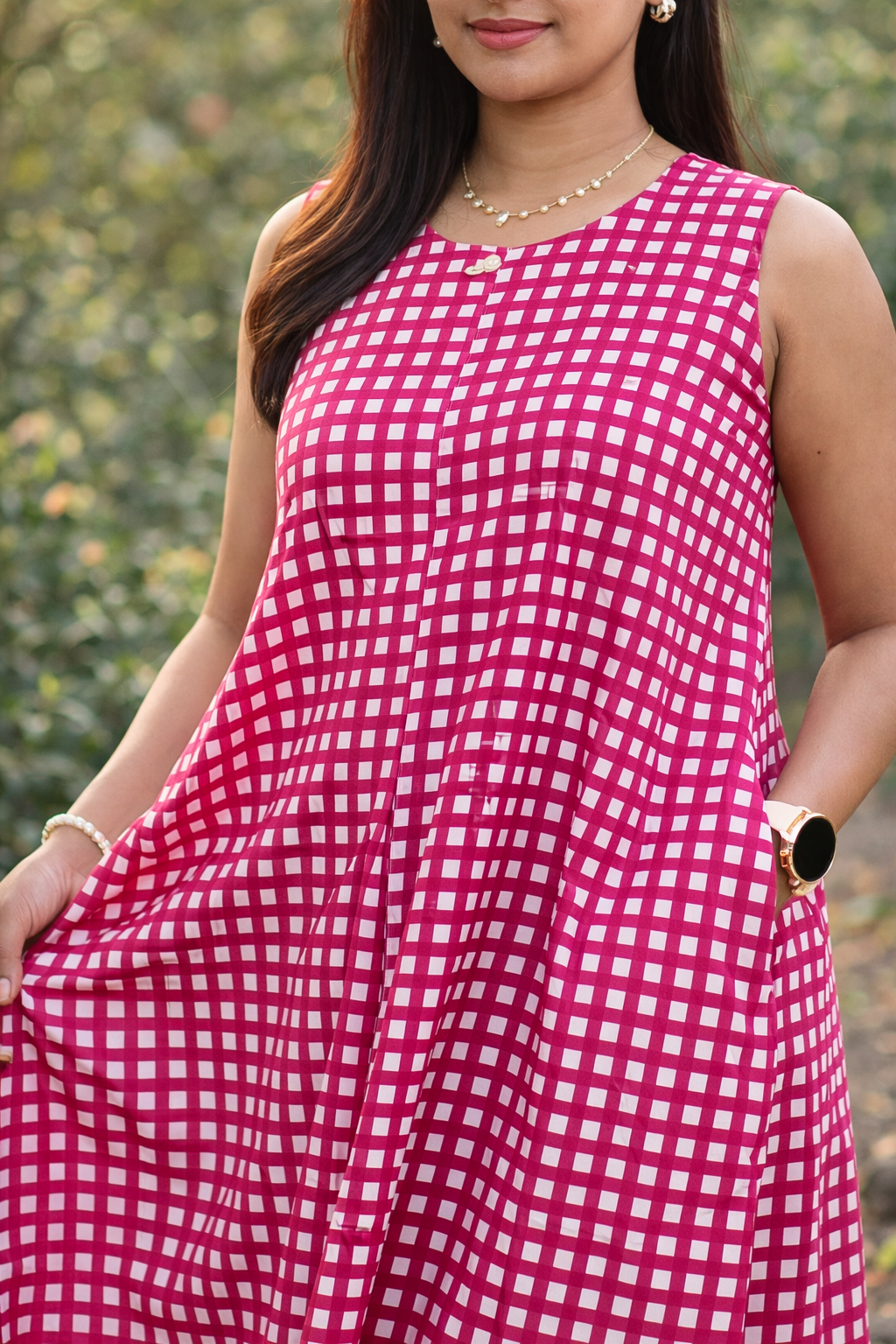 Pink Checkered Sleeveless Flared Cotton Dress