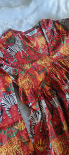 Printed Red Alia Cut Dress with Full Sleeves and Flowy