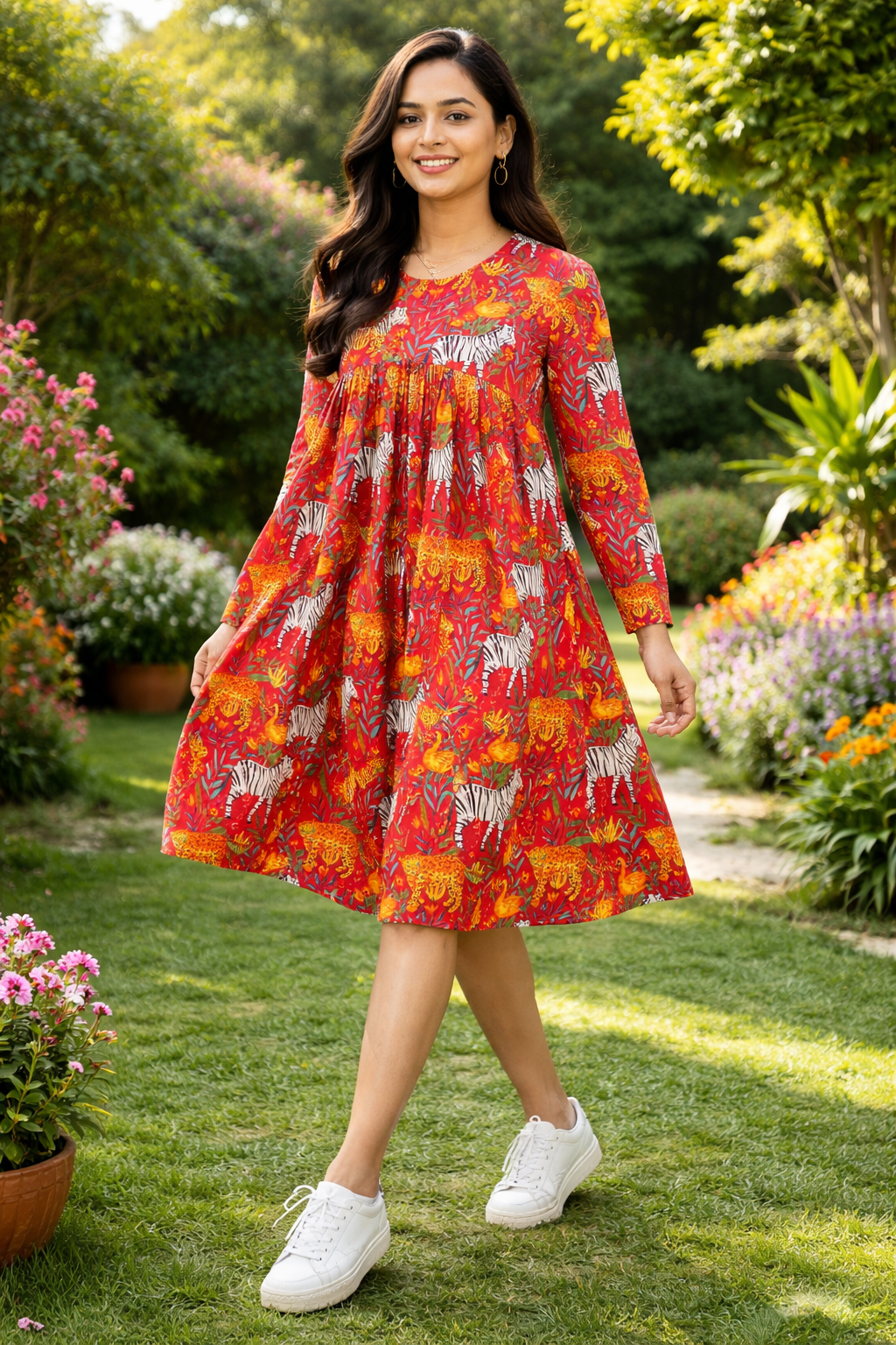 Printed Red Alia Cut Dress with Full Sleeves and Flowy