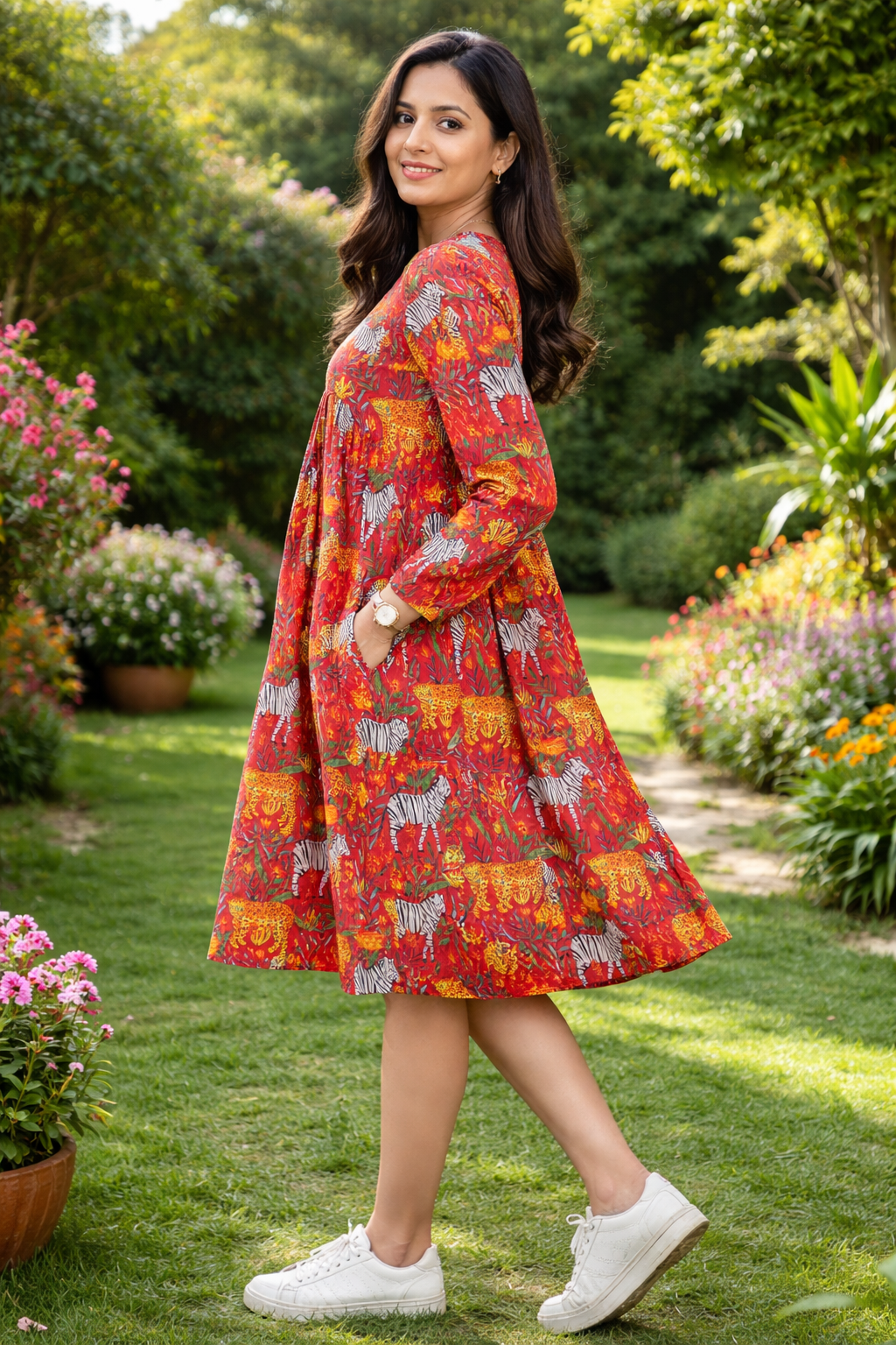 Printed Red Alia Cut Dress with Full Sleeves and Flowy