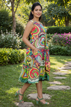 Multicolor Patchwork Sleeveless Flared Cotton Dress