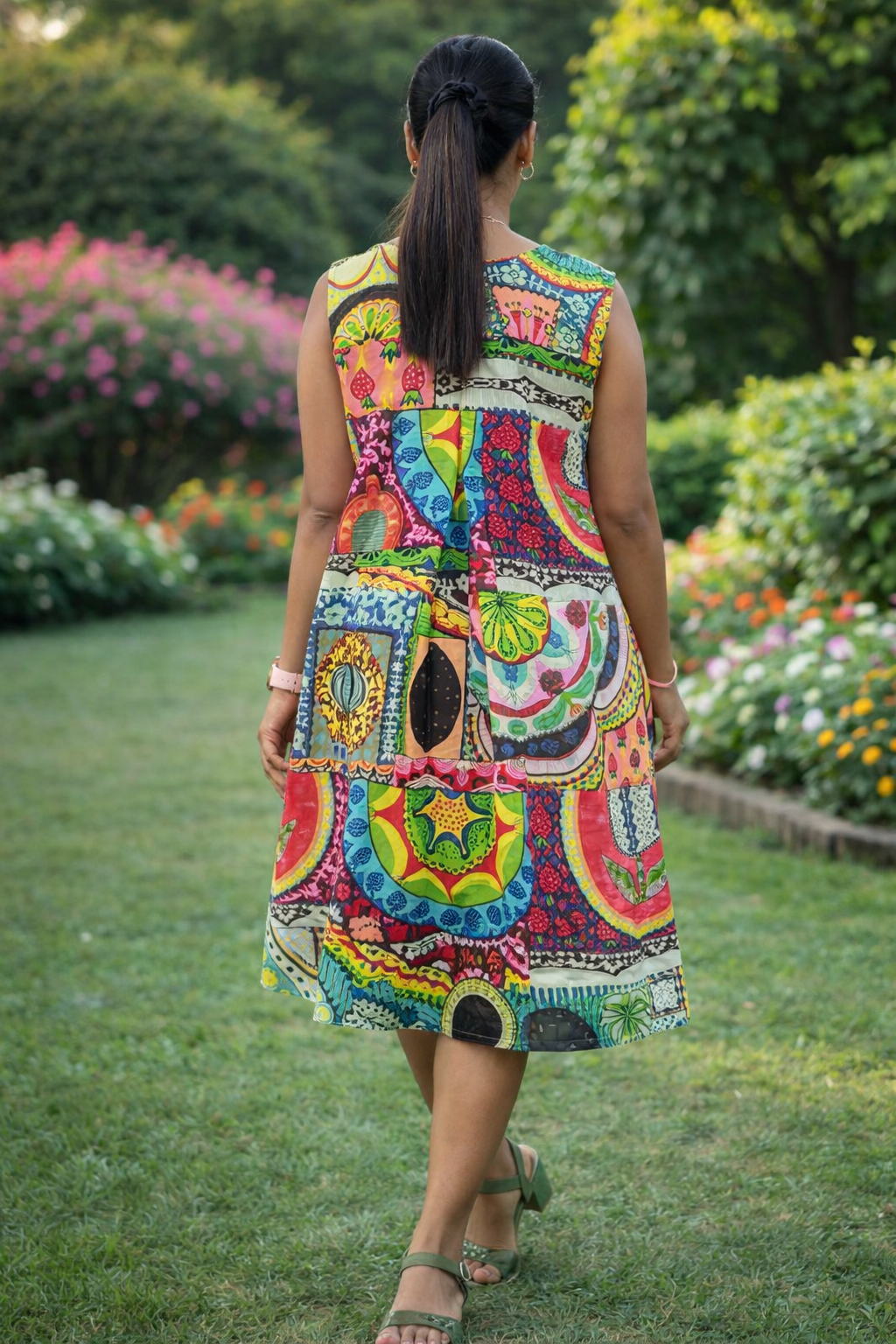 Multicolor Patchwork Sleeveless Flared Cotton Dress