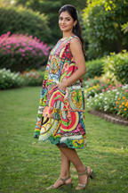 Multicolor Patchwork Sleeveless Flared Cotton Dress