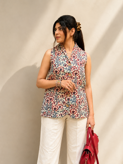 Bagru Handcrafted Floral Cotton Waistcoat Top