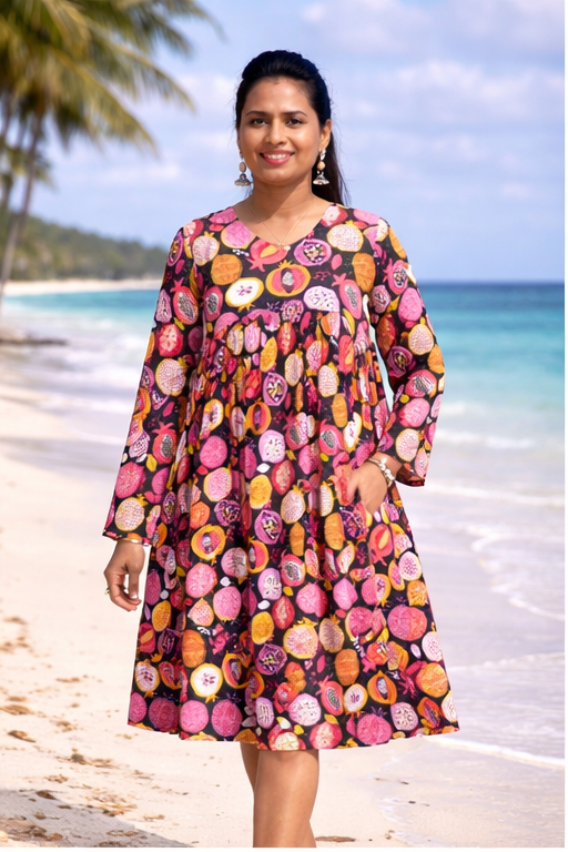 Pomegranate Print Flared Jaipur Cotton Dress