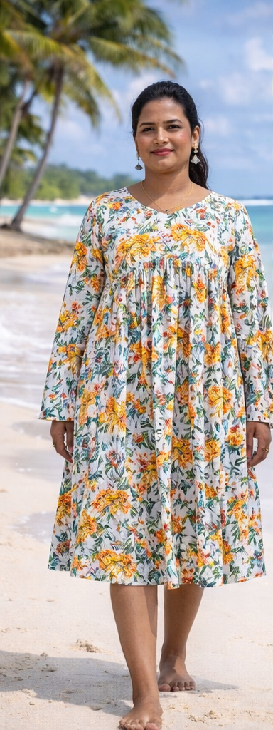 Printed A Line Dress with Gathered Yoke and Flowy Silhouette