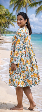 Printed A Line Dress with Gathered Yoke and Flowy Silhouette