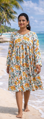 Printed A Line Dress with Gathered Yoke and Flowy Silhouette