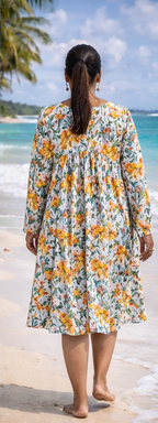 Printed A Line Dress with Gathered Yoke and Flowy Silhouette