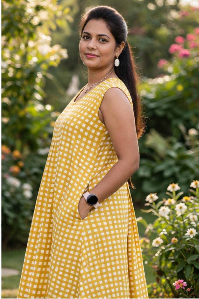 Checked A Line Dress with Sleeveless Design and Flowy Fit