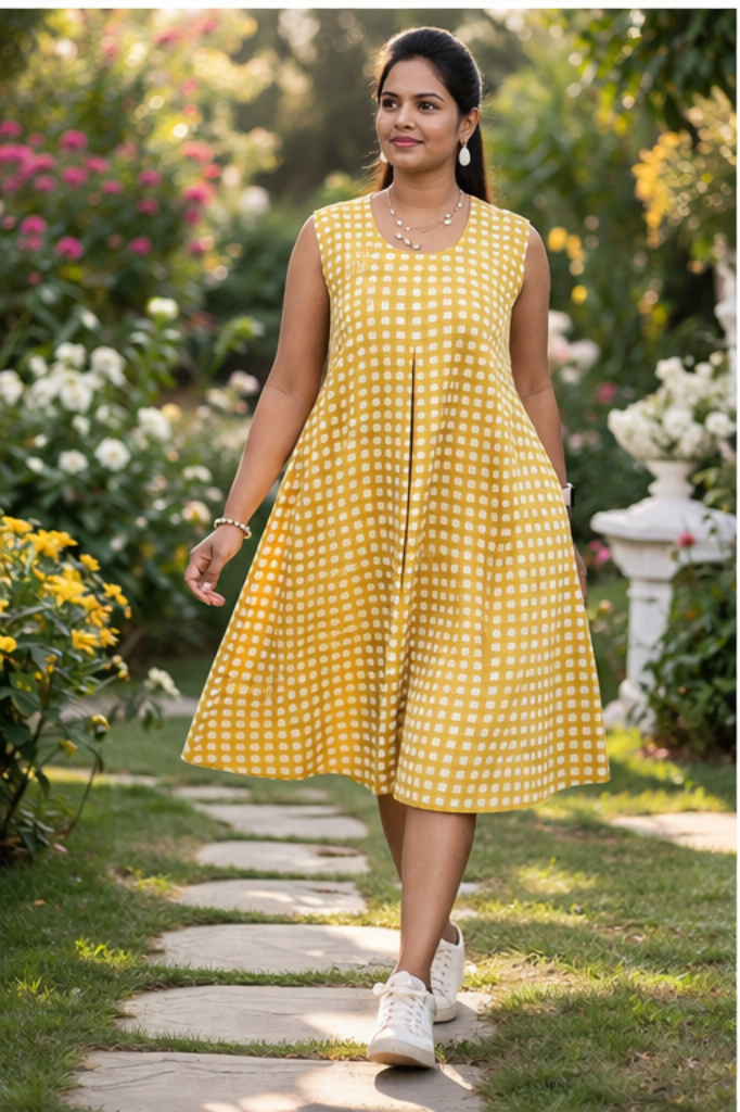 Checked A Line Dress with Sleeveless Design and Flowy Fit