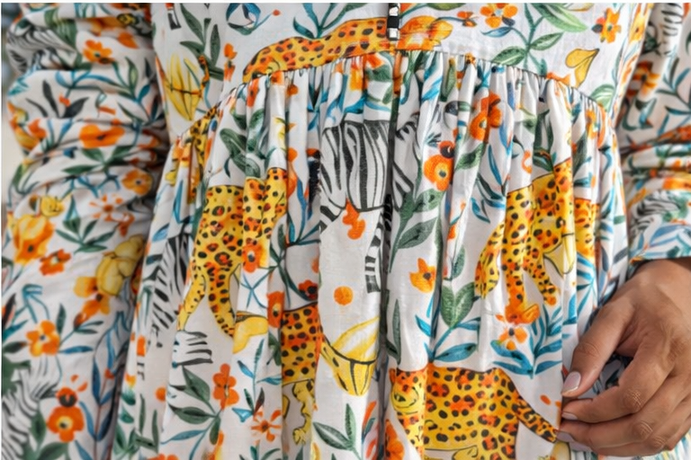 Printed A Line Dress with Gathered Yoke and Flowy Silhouette